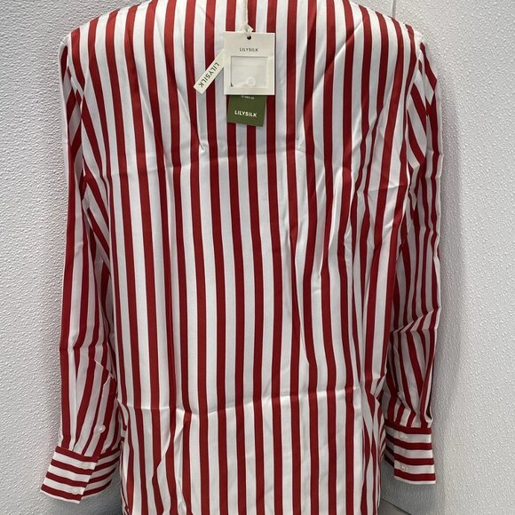 Lilysilk Women’s Silk Button‑Down Top Red/White Stripes Size M - Picture 2 of 9
